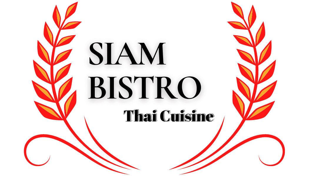 Siam Bistro logo with red decorative branches, text "Thai Cuisine.