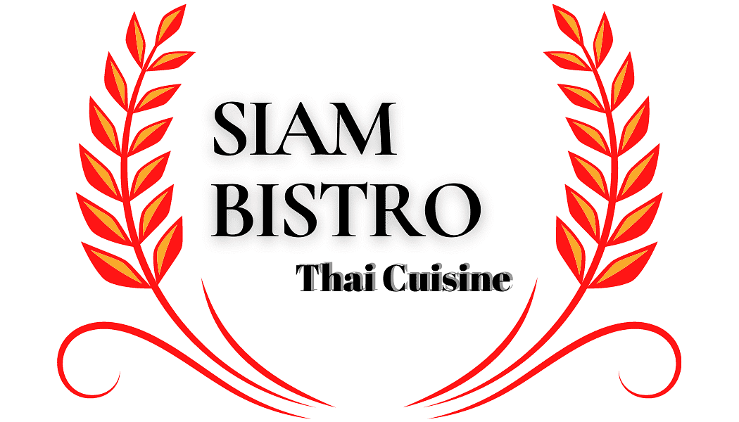 Siam Bistro logo with red decorative branches, text "Thai Cuisine.
